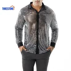 Breathable Men Top Sequin Shirt Men's 70s Disco Slim Fit Party Shiny Glossy Lapel Long Sleeve Vintage Performance Clubwe