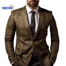 Business Attire Jacket Slim Fit Coat Men's Plaid Suit Formal Blazer Single Button Closure Long Sleeve Mid-length Office