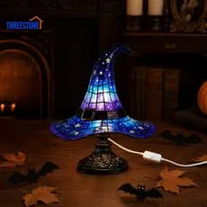 Lâmpada De Decoração De Halloween , USB De Chapéu De Bruxa De Resina , 18 Cm De Altura , Luz Roxa Âmbar Suave , Abajur D