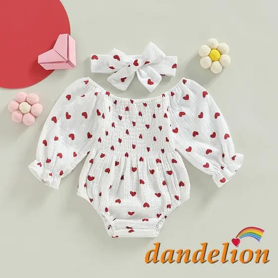 Dandelion-0-18 Meses Bebê Meninas Dia Dos Namorados Romper Coração Estampa Manga Longa Barco Pescoço Outono Inverno Bodys Com Bandana