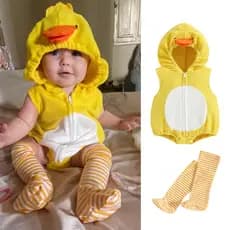 Macacão Infantil 0-24 Meses Menino/Menina Animais Pintinho Manga Curta Capuz Meia Listrada Zí，roupa bebê，conjunto