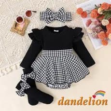 Roupas De Primavera Para Bebês Meninas Manga Comprida Com Estampa Houndstooth E Faixa De Cabeça Meias Longas