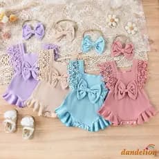 Macacão faixa de cabeça Meninas bebê,Baby Girls Romper Verão Manga De Renda Pescoço Redondo Rufle, Roupas recém-nascido