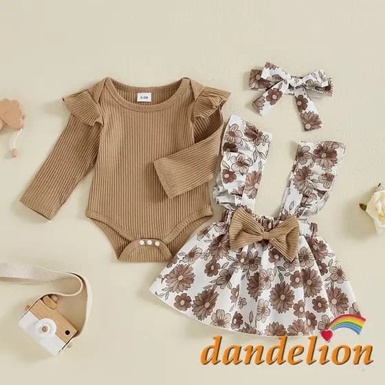 Conjunto de roupas  3pcs de meninas infantil/Bebês: macacão de manga curta com nervuras + saia suspensa + faixa de cabelo.