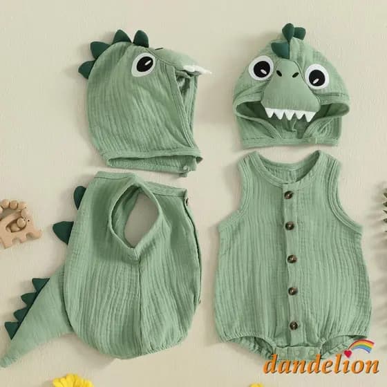 Bebê Recém-Nascido Menino Halloween Dinossauro Cosplay Traje , Macacão sem mangas com gola redonda e botões, com chapéu