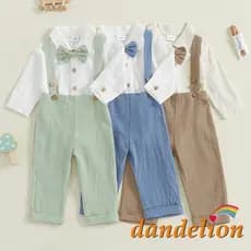 Conjunto De 2 Peças De Roupas Infantis Para Meninos , Manga Comprida , Lapela , Botão , Macacão , Cor Sólida , Calças Su