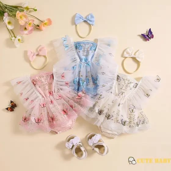 Eph-Macacão Infantil Bebê para Meninas Vestido de Renda Borboleta Tule Body com Faixa para Cabeça,0-18 Meses