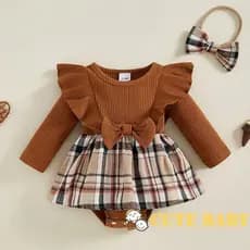 Eph-Infantil Bebê Meninas Outono Macacão Vestido Xadrez Malha Manga Longa Macacões Com Bandana,0-18 Meses