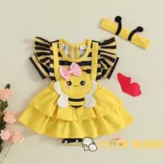 Eph-Infantil Bebê Meninas Manga Curta Listrado Abelha Macacão Vestido Com Faixa De Cabeça,0-18 Meses