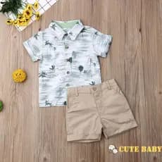 Conjunto De Verão Para Infantil Bebês Meninos Mangas Curtas Camisa Estampada Com Coqueiro E Shorts Cáqui, 1-6 Anos