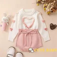 Macacão Infantil Meninas de Malha com Contraste de Cores e Coração para o Dia dos Namorados no Outono,0-18 Meses