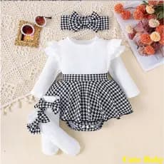 Macacão Infantil Bebê para Meninas manga Longa Xadrez Estampado Vestido com Faixa na Cabeça Meias Compridas,0-18 M