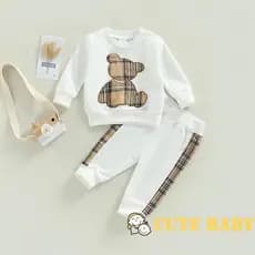 Conjunto de Outono para Infantil Bebês Meninos e Meninas, Blusa de Manga Comprida Xadrez com Urso e Calça,0-24 Meses