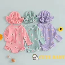 Maiô Infantil De Verão Para Bebê Meninas Manga Comprida Estampa Floral Zíper Roupa De Banho Com Chapéu,0-3 Anos