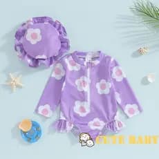 Eph-Maiô Infantil Para Meninas Com Estampa De Flores E Manga Comprida Zíper Chapéu,0-24 Meses