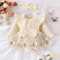 Eph-Vestido macacão Infantil para Meninas, com Bordado de Borboletas mangas Compridas e Faixa de Cabelo,0-18 Meses