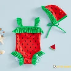 Eph-Maiô Infantil Para Meninas Melancia Bolinhas Sem Mangas Babado Macacão Com Chapéu Roupa De Banho,0-3 Anos