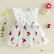 Eph-Vestido Infantil Para Meninas Com Bordado Cereja Em Camadas De Tule Laço Frontal E Manga Voadora De Verão,0-3 Anos