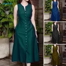 [AY] Vestido De Verão Mulher De Um Peito Sem Mangas Bolsos De Cor Sólida Botões De Linha A Comprimento Médio Do Bezerro