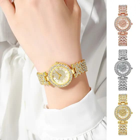 Relógio Feminino Com Pulseira De Strass Em Liga De Algarismos Romanos De Pulso De Quartzo Cristais Densos , Design Leve