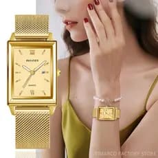Moda Relógio De Ouro Para Mulher Clássico Quartzo Masculino Feminino Luxo Negócios Pulseira Analógica Aço Inoxidável Sen