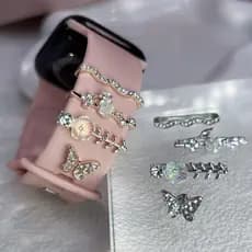 Pulseira De 4pcs Metal Encantadora Silicone Anel Decorativo Para Relógio A-pple Diamante Acessórios Decorativos iWatch