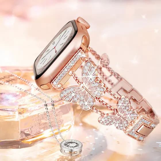 Bracelete De Aço Inoxidável De Luxo Para Relógio De Maçã Ultra 49mm 42mm 40mm 44mm 38mm 45mm 41mm Diamante Borboleta Feminina iWatch Série 9 8 7 6 SE 5 4 3 2 1