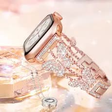 Bracelete De Aço Inoxidável De Luxo Em Metal Borboleta Diamante Para Relógio De Maçã A 41mm 38mm 40mm 42mm 44mm 45mm 49mm iWatch Série 9 Ultra 8 7 SE 6 5 4 3