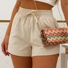 Short Feminino Linho Cintura Alta com Bolsos Laterais Casual com Cós de Elástico Conforto e Estilo