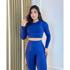 Conjunto calça Legging Top Cropped  Blusinha Manga Longa Academia treino Fitness Casual Cos alto