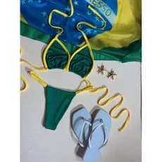 Biquíni Cortininha Calcinha Fio Brasil Copa Perfeito para Bronze Bicolor