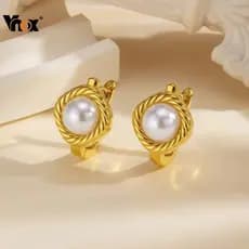 Brincos De Argola De Pérola Elegantes E Vnox , Metal À Prova D'água De Aço Inoxidável , Joias Da Moda