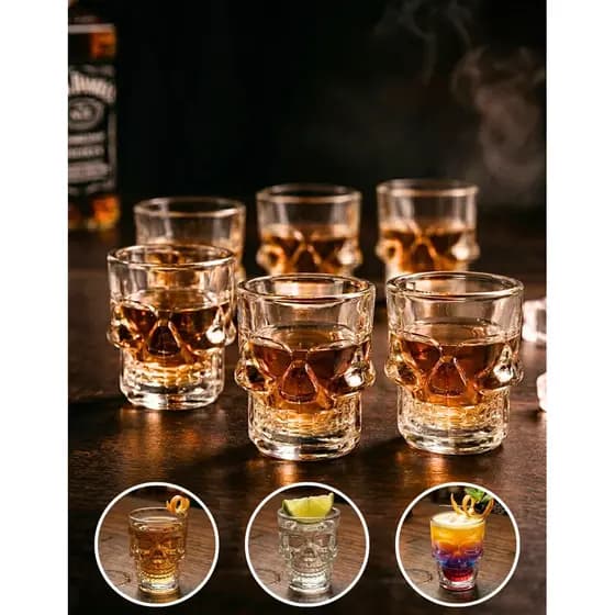 Conjunto Jogo 6 Copos Shot Caveira Vidro 50ml Dose Drink Tequila Bar Festa Criativo Fratelli
