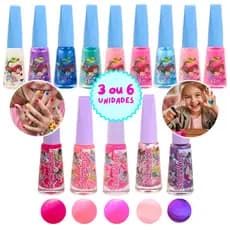 Kit de Esmaltes Infantis 3/6 Cores Safira Unicórnio Sereia Fadas Colorido Meninas Rosa Roxo Crianças