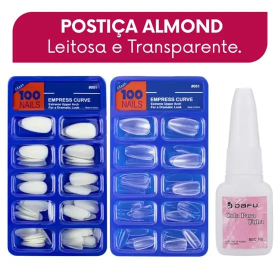 Unha Postiça Almond Branca Transparente Alongamento Nail Design Manicure Efeito em Gel Dafu Realista