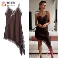 OSIERFASHION Vestido Feminino De Renda , De Cetim , Tipo Estilingue Sem Mangas Com Decote Em V De Assimetria