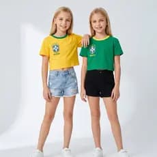 Cropped Infantil Brasil Menina Camiseta Cropped Estilo Torcida | 2 ao 14