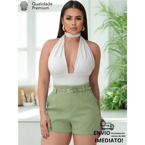 Short Alfaiataria Feminino Zaara Cintura Alta Com Ziper Na Lateral  Social Elegante Luxo