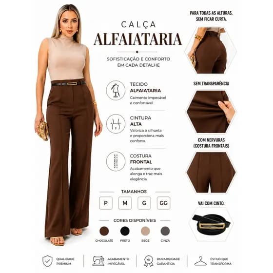 Calça Alfaiataria Pantalona Premium Cintura Alta Com Bolso E Cinto PROMOÇÃO