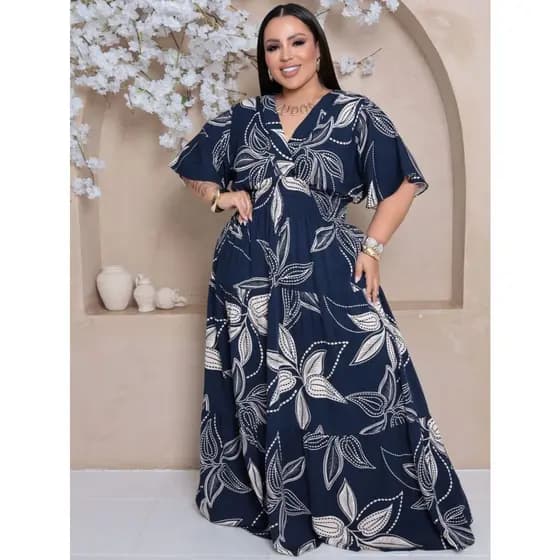 VESTIDO LONGO PLUS SIZE DECOTE V MANGA CURTA ENVIO IMEDIATO
