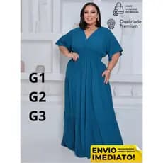 Vestido Plus Size  Decote V Manga Curta Longo ENVIO IMEDIATO