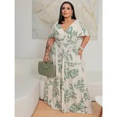 VESTIDO PLUS SIZE DECOTE V TRANSPASADO LONGO MANGA CURTA