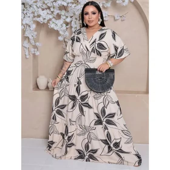 Vestido Plus Size Decote V Longo Moda Blogueira Manga Curta Vestido Plus Size Feminino