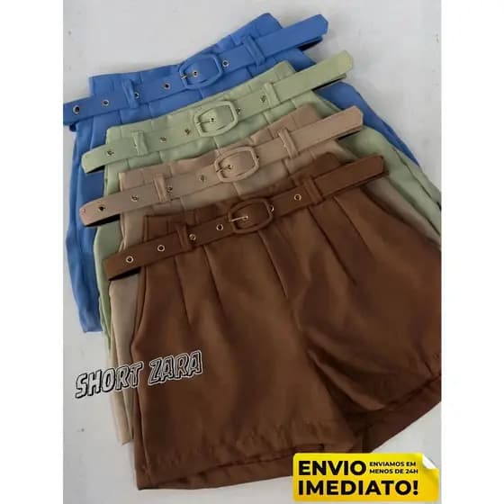 Short Alfaiataria Feminino Social Elegante com Cinto Forrado e Fivela Forrada