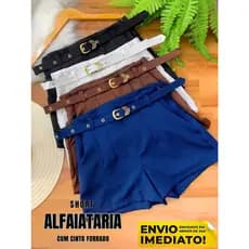 Short Alfaiataria Feminino Com Bolso e Cinto Forrado Diferenciado