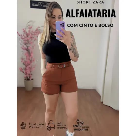 Short Alfaiataria Social Feminino Com Cinto Forrado do P ao GG