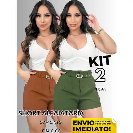 Kit 2 Short Alfaiataria Feminino Com Bolso Com Cinto Cintura Alta ENVIO IMEDIATO