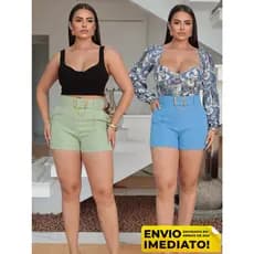 Short Feminino Alfaiataria Com Cinto Estiloso  e Fivela Com Corrente