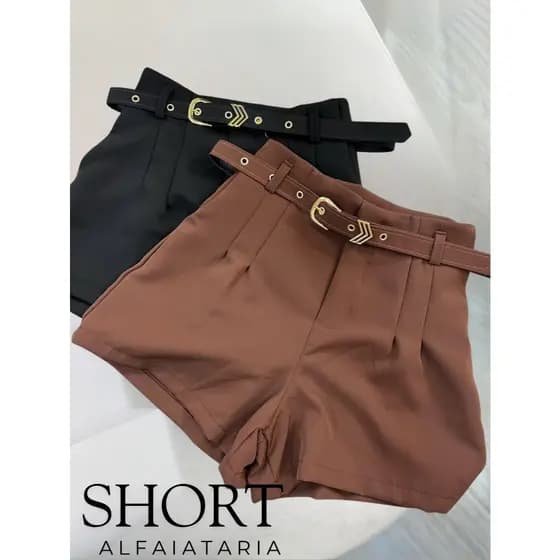 Short Feminino Social Alfaiataria Com Cinto Forrado Cintura Alta P M G GG