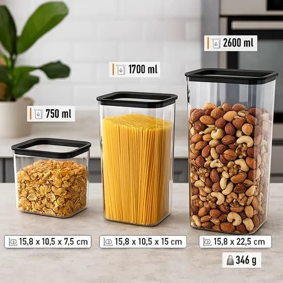 Conjunto 3 Potes Herméticos de Plástico 2,600 ml - praticidade e segurança para seus alimentos!